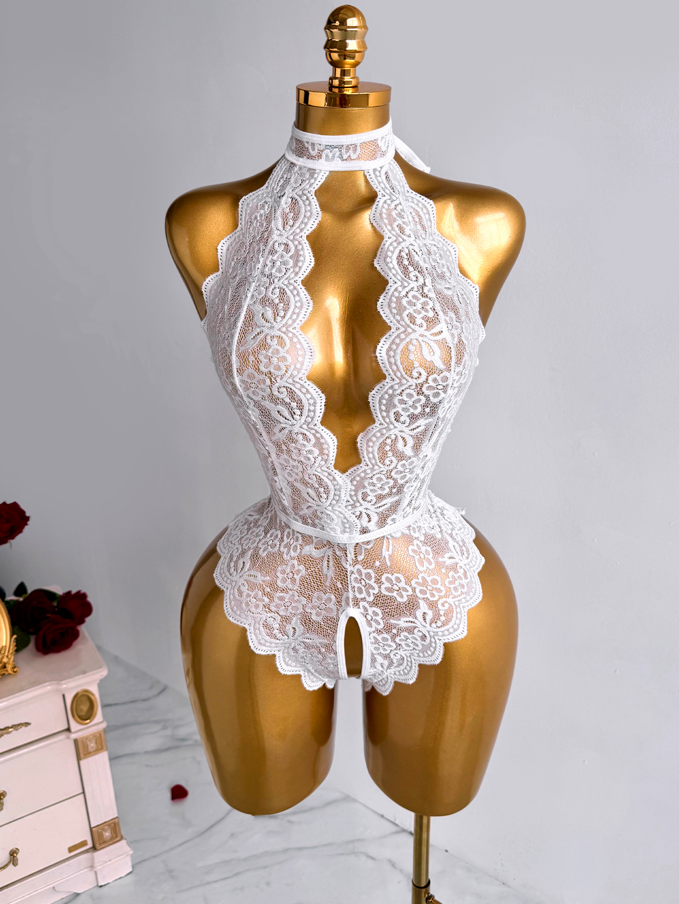 White Halter Neck Floral Lace  - Lace Teddy Lingerie 리뷰 및 가격