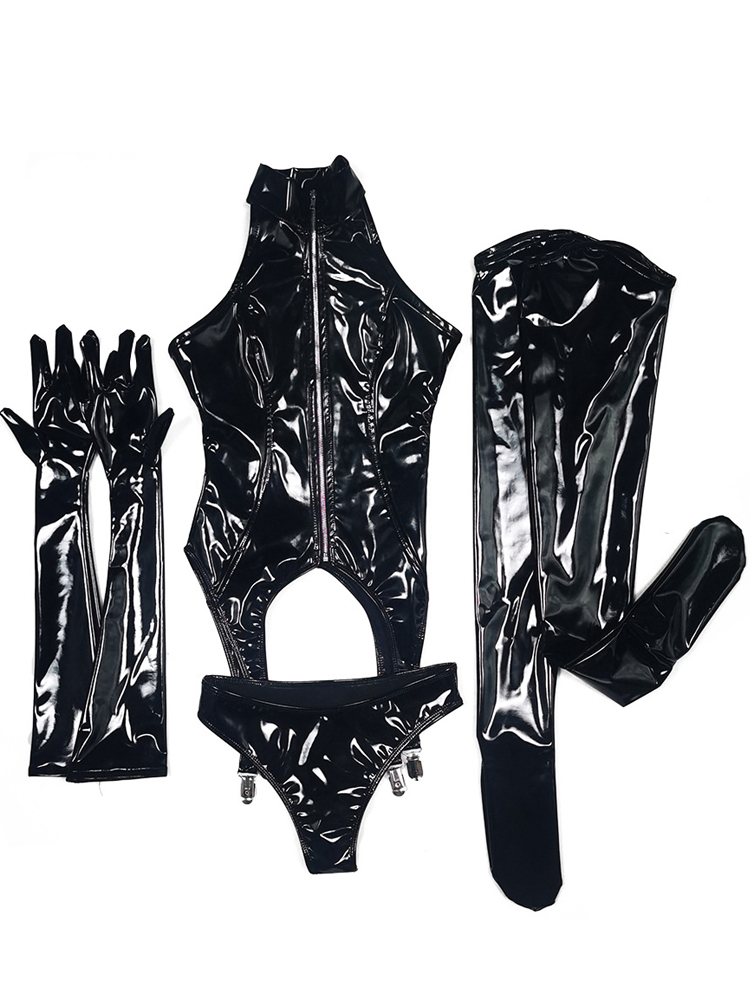 4PCS/SET Wet Look PVC Catsuit  - Garter Belt Set 리뷰 및 가격